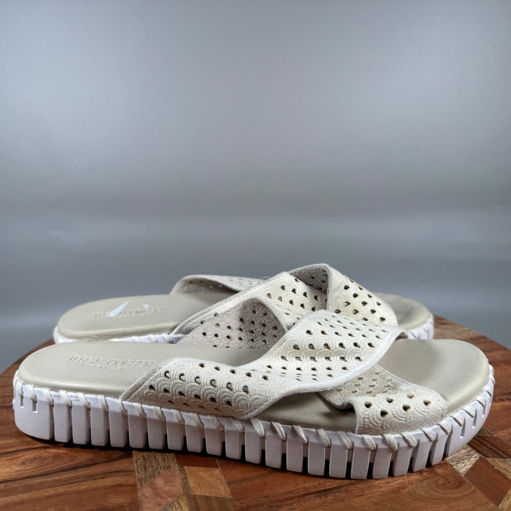 Ilse Jacobsen Tulip 3575 Cream Laser Cut Platform Slide Sandals Womens 39
